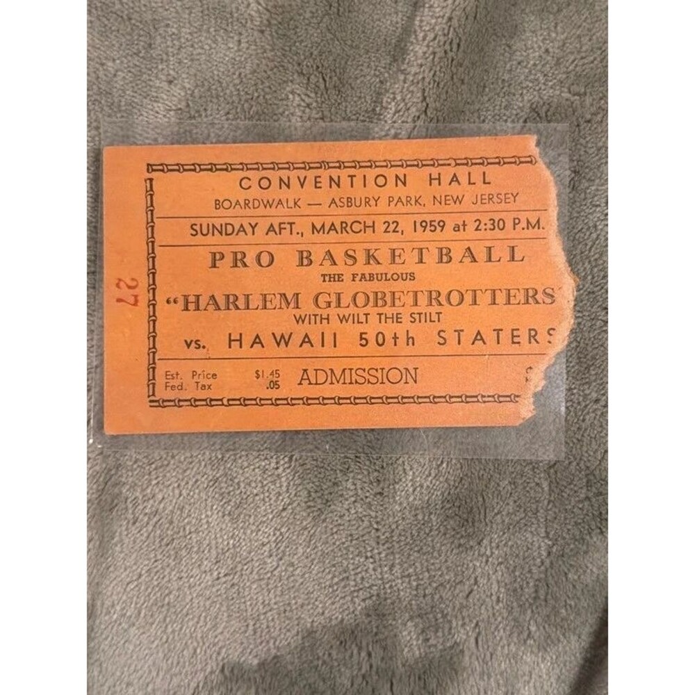 1959 Harlem Globetrotters Ticket Stub Wilt Chamberlain Asbury Park NJ Rare